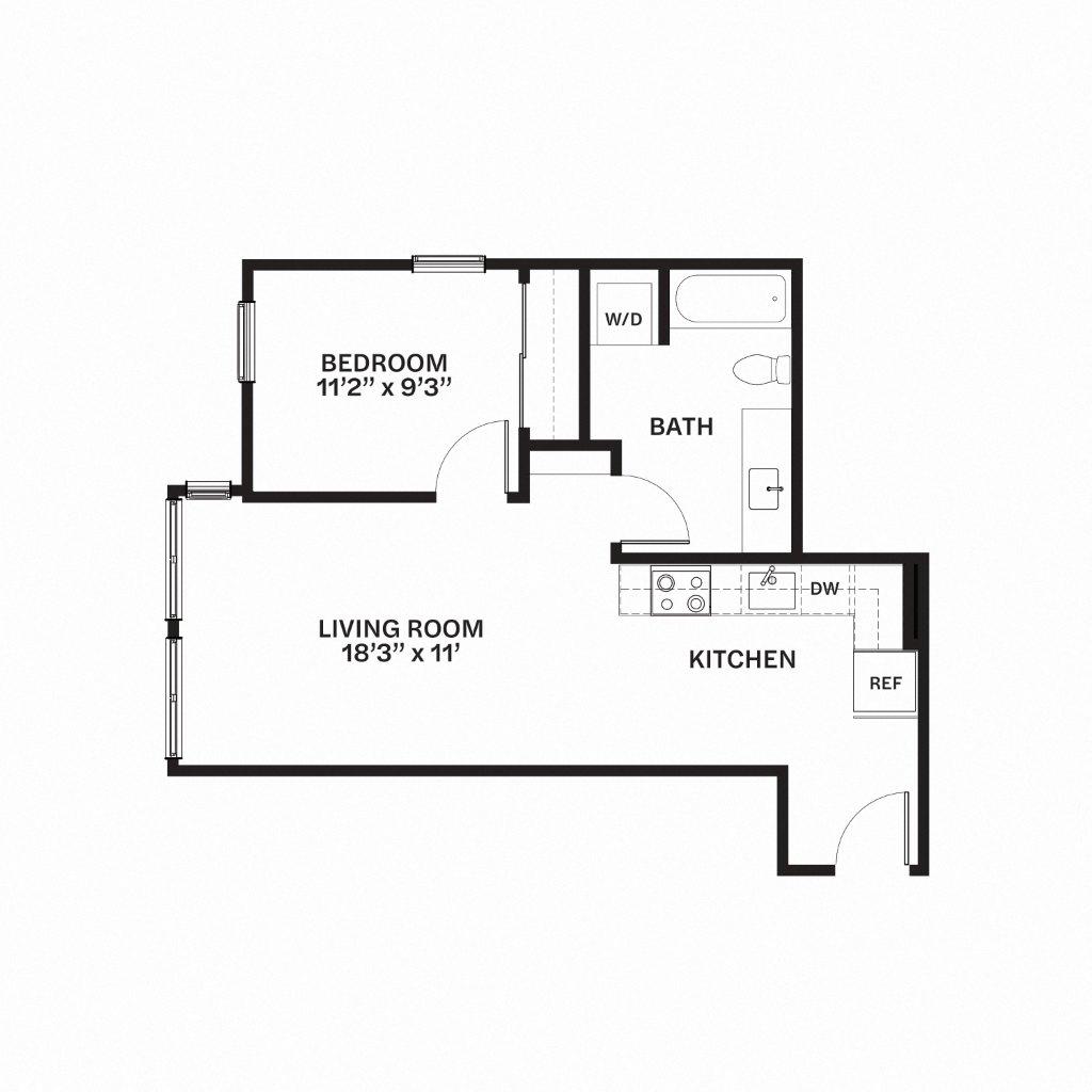 Floor plan for 1 bed, 1 bath, 639 sqft